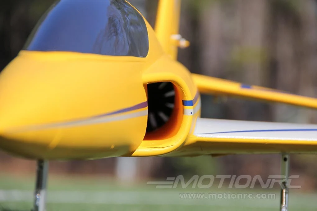 the front view of a yellow Freewing Vulcan. The EDF is clearly visible from the inlet up front. Photo copyright of Motion RC